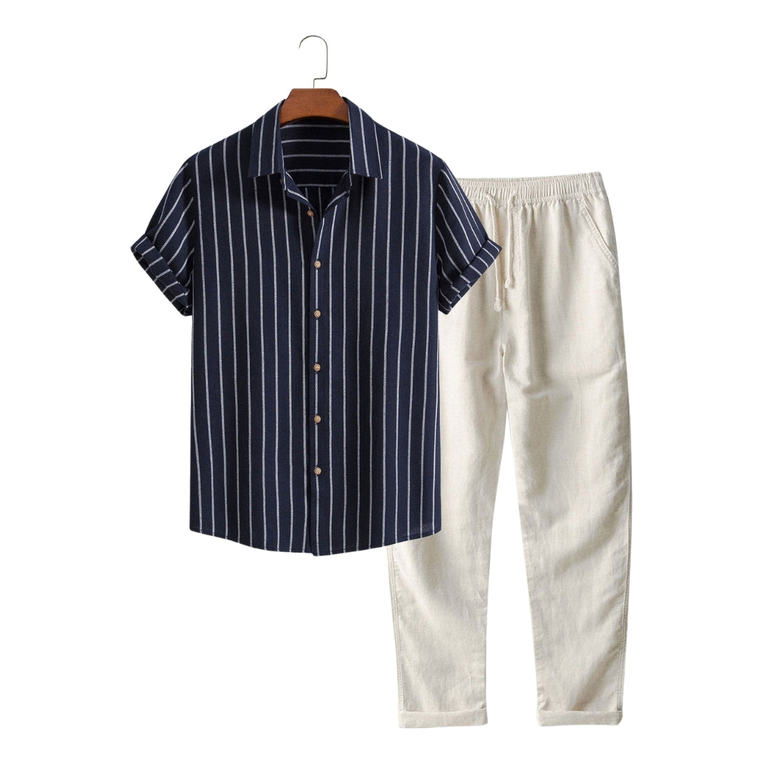 Men's Cotton Blend Striped Button Up Shirt & Straight Leg Linen Pants