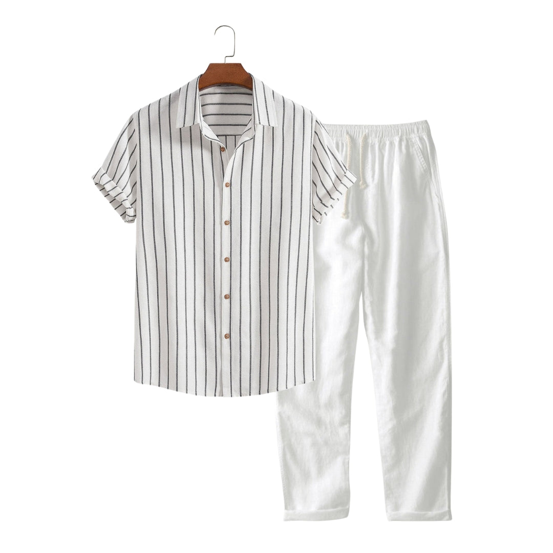 Men's Cotton Blend Striped Button Up Shirt & Straight Leg Linen Pants